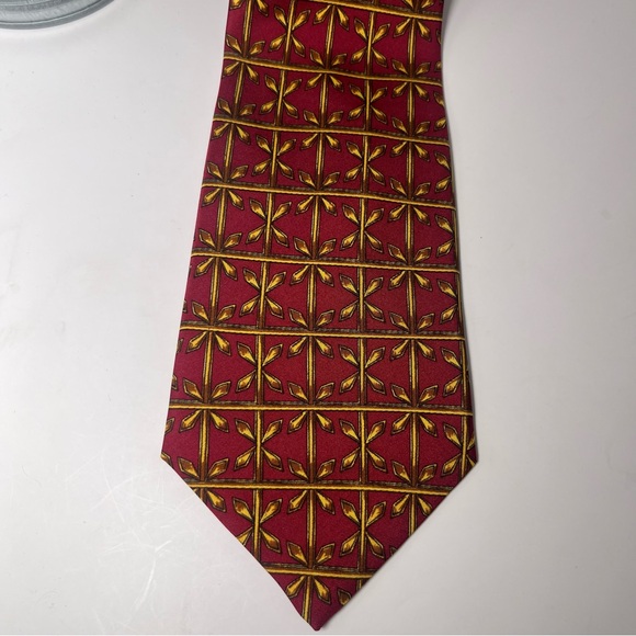 Celine Paris Men’s Silk Neck Tie‎ Burgundy Red/Gold Geometric Designs Luxury